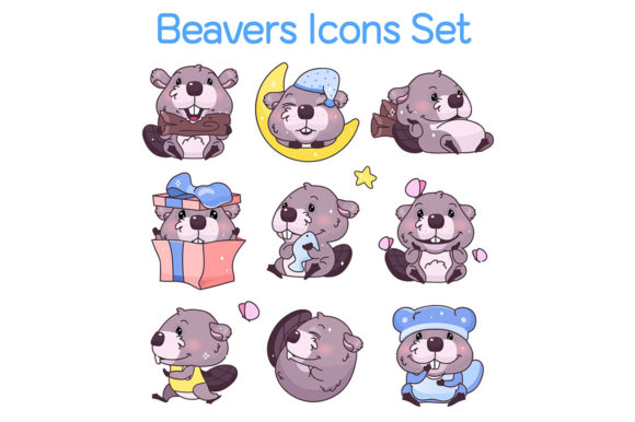Cute Beavers Kawaii Cartoon Characters