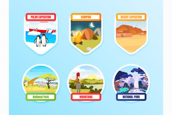 Expedition Flat Color Vector Badge Set